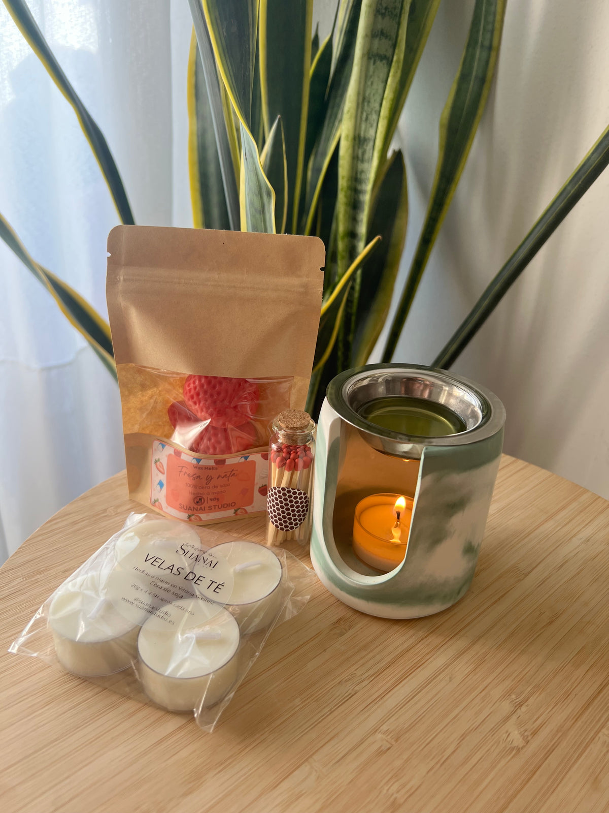 Pack Quemador Artesanal – Circular Verde + Cerillas en Frasco + Velas de Té + Wax Melts a Elegir