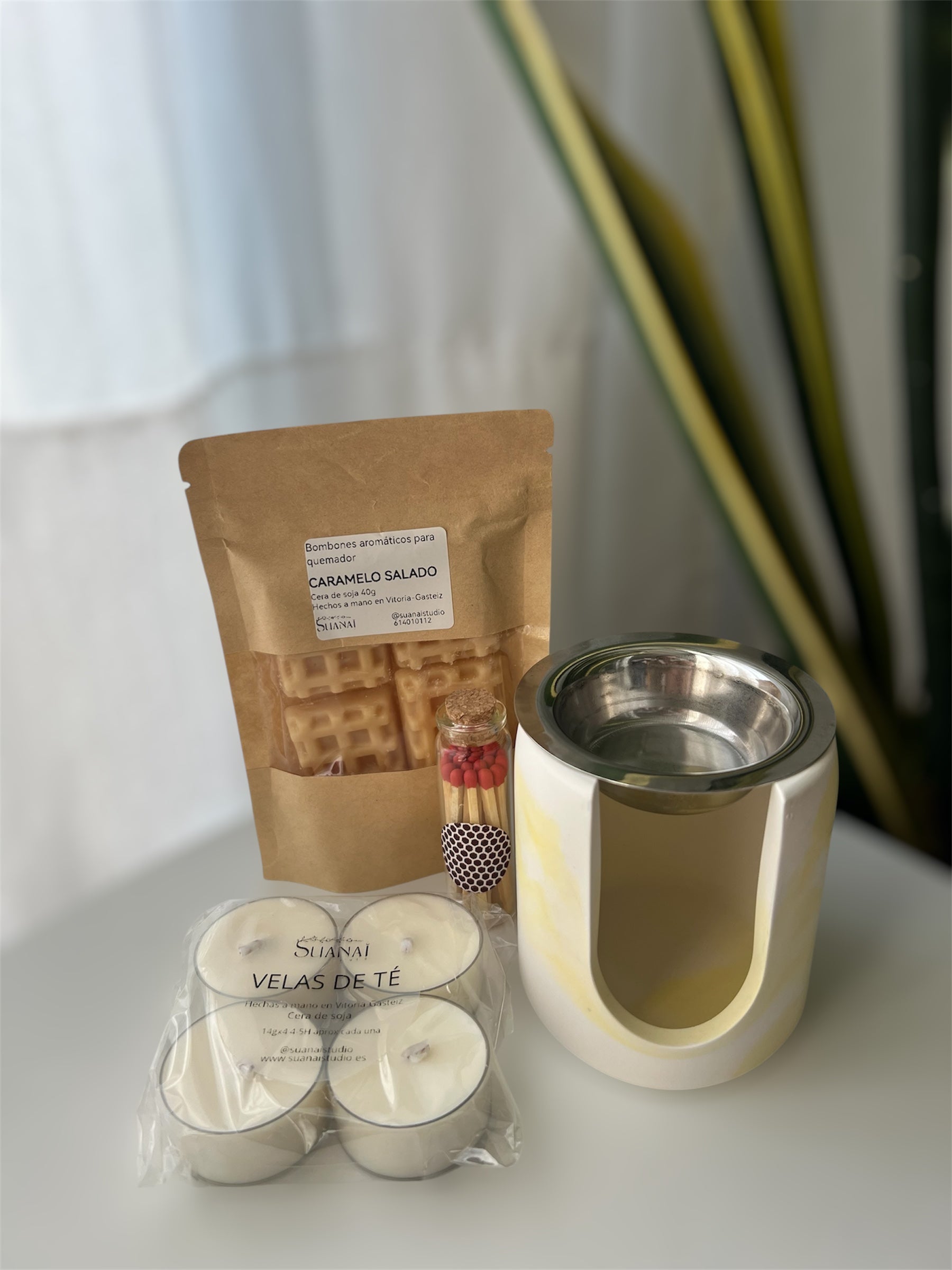Pack Quemador Amarillo + Cerillas en Frasco + Velas de Té + Wax Melts a Elegir