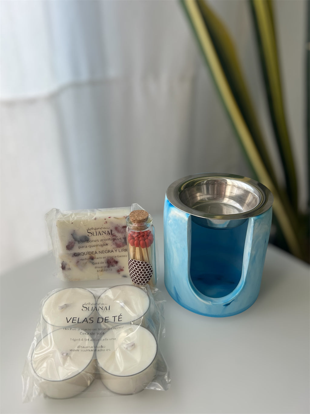 Pack Quemador – Circular Azul + Cerillas en Frasco + Velas de Té + Wax Melts a Elegir
