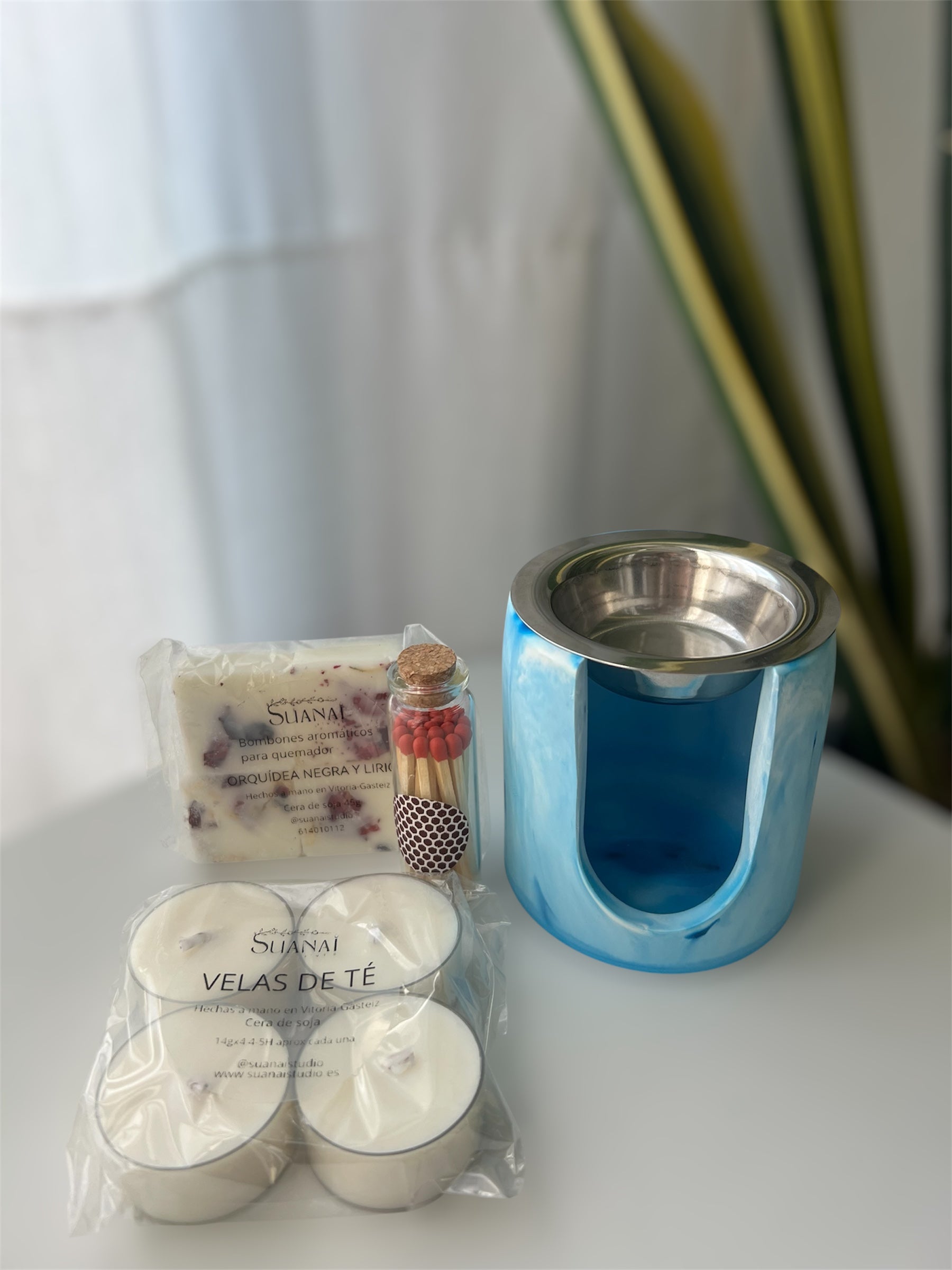 Pack Quemador – Circular Azul + Cerillas en Frasco + Velas de Té + Wax Melts a Elegir