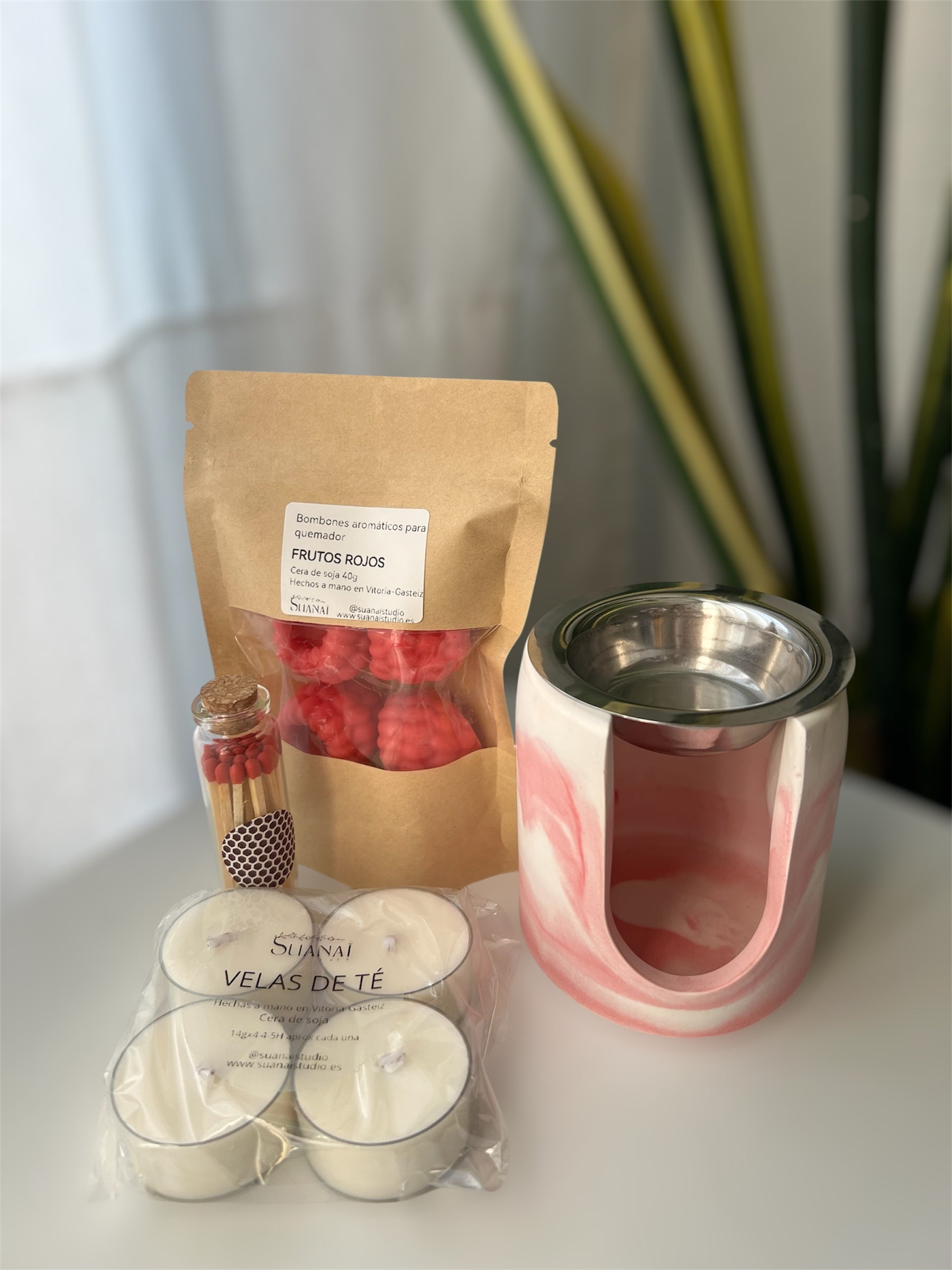 Pack Quemador – Circular Rosa + Cerillas en Frasco + Velas de Té + Wax Melts a Elegir