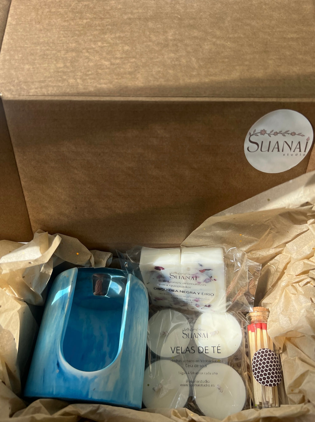 Pack Quemador – Circular Azul + Cerillas en Frasco + Velas de Té + Wax Melts a Elegir