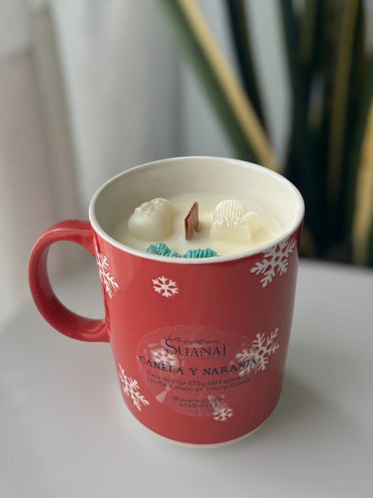 Vela Taza Canela y Naranja Navideña – Cera de Soja y Mecha de Madera