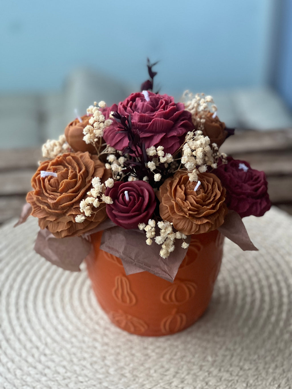 Ramo de Flor Eterna de Cera de Soja – Estilo Rústico Grande Granate