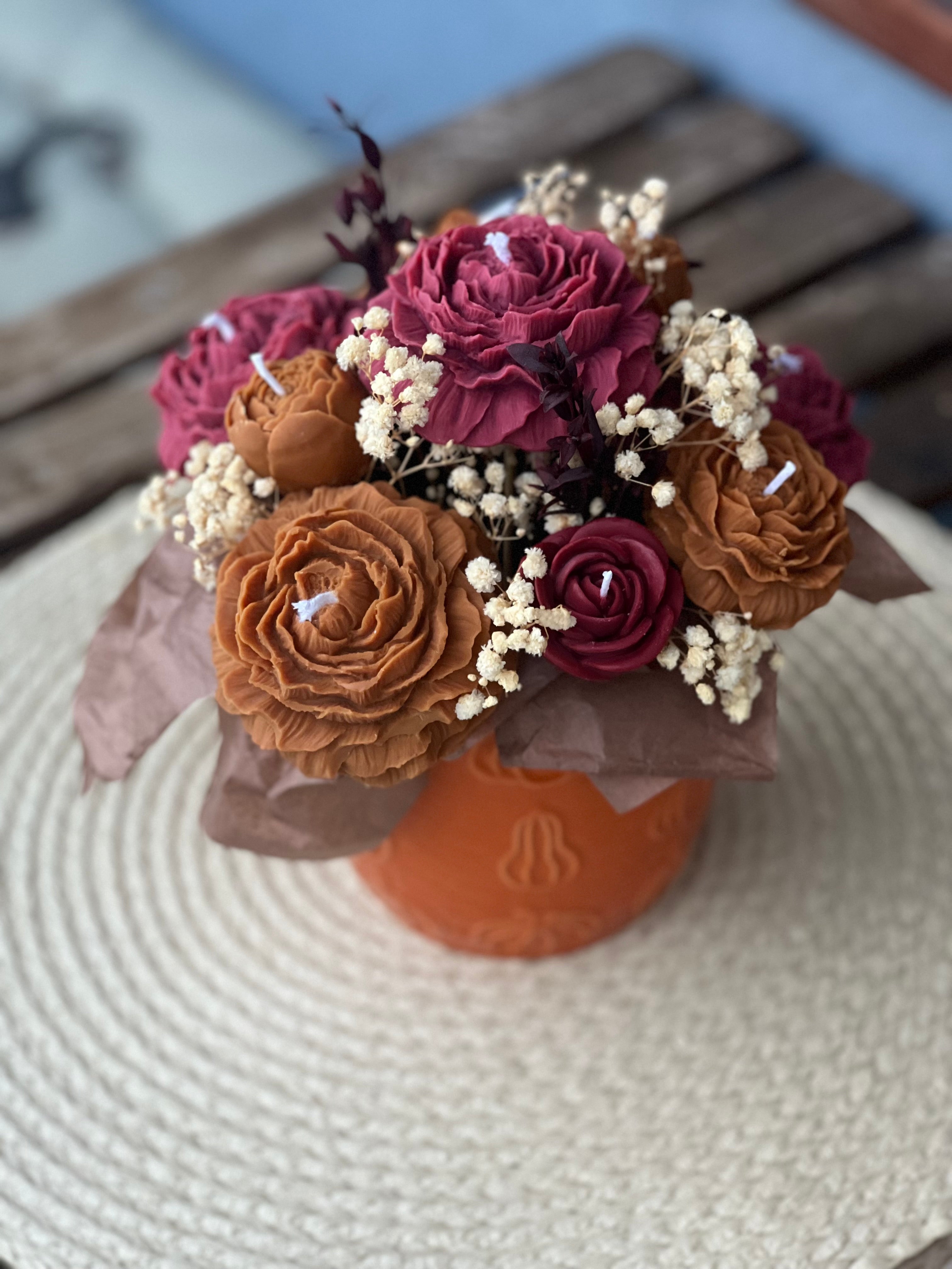 Ramo de Flor Eterna de Cera de Soja – Estilo Rústico Grande Granate