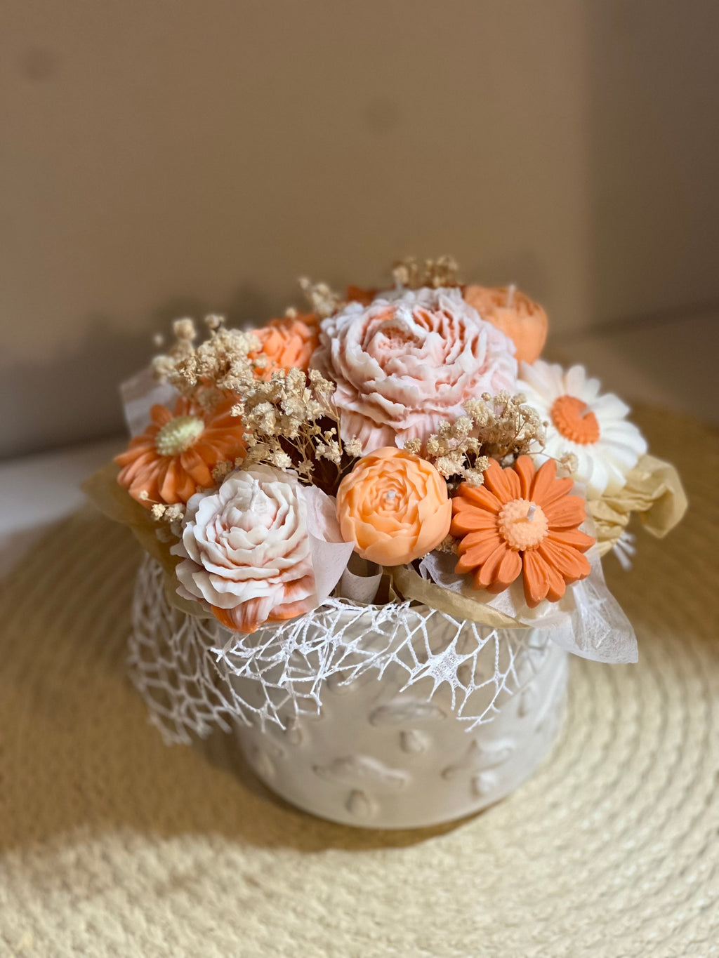 Ramo de Flor Eterna de Cera de Soja – Estilo Rústico Grande Claro