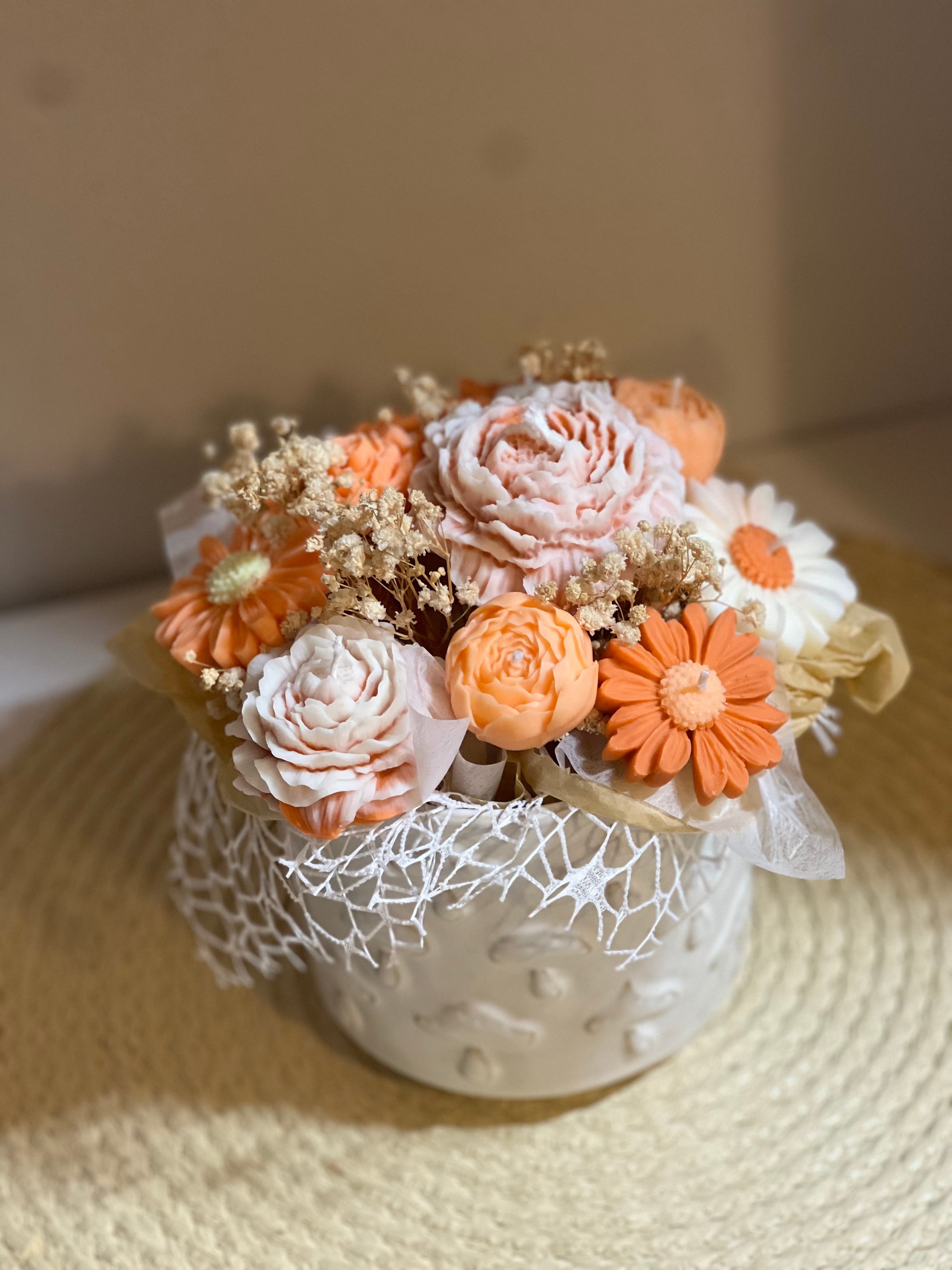 Ramo de Flor Eterna de Cera de Soja – Estilo Rústico Grande Claro