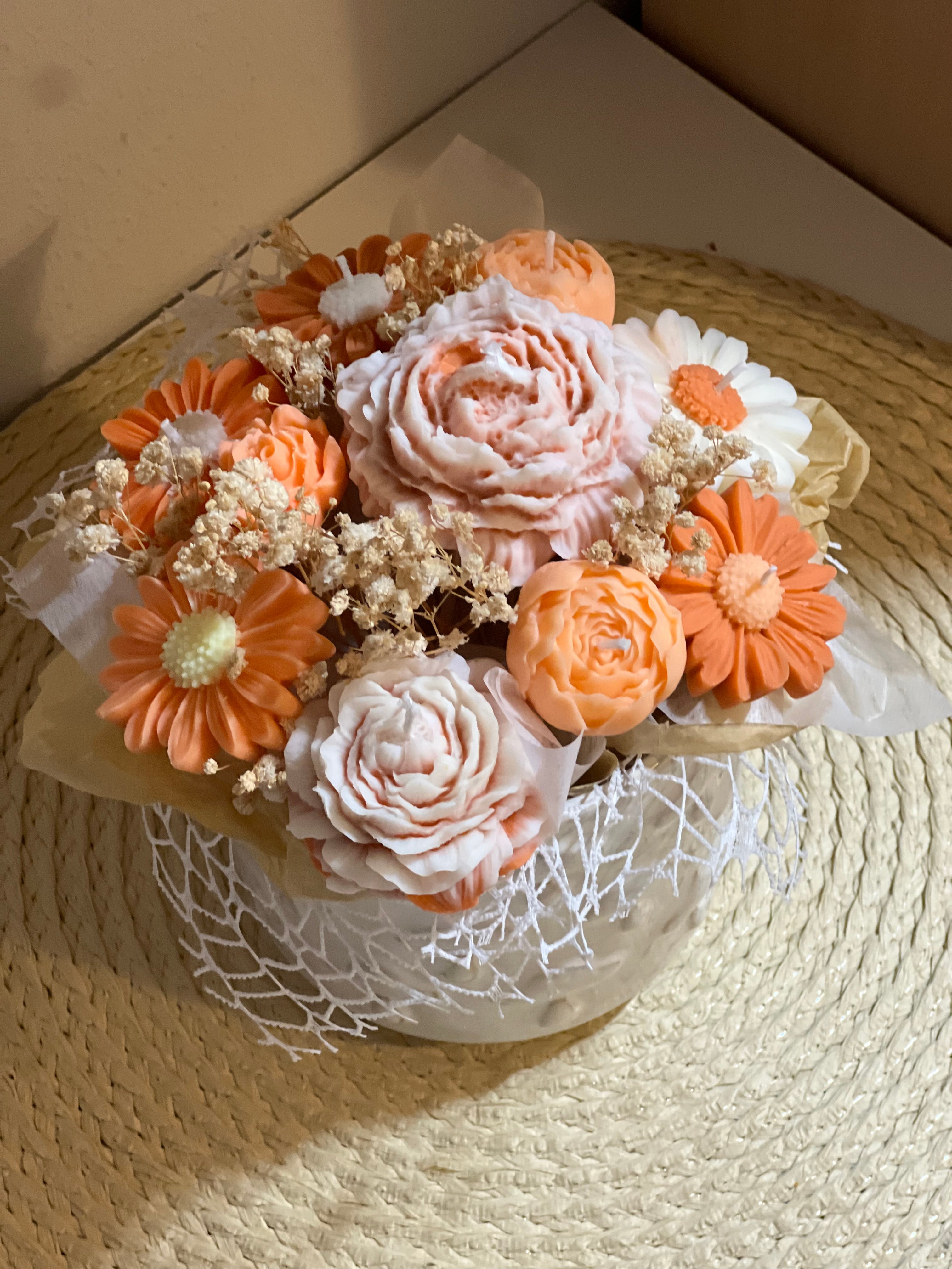 Ramo de Flor Eterna de Cera de Soja – Estilo Rústico Grande Claro