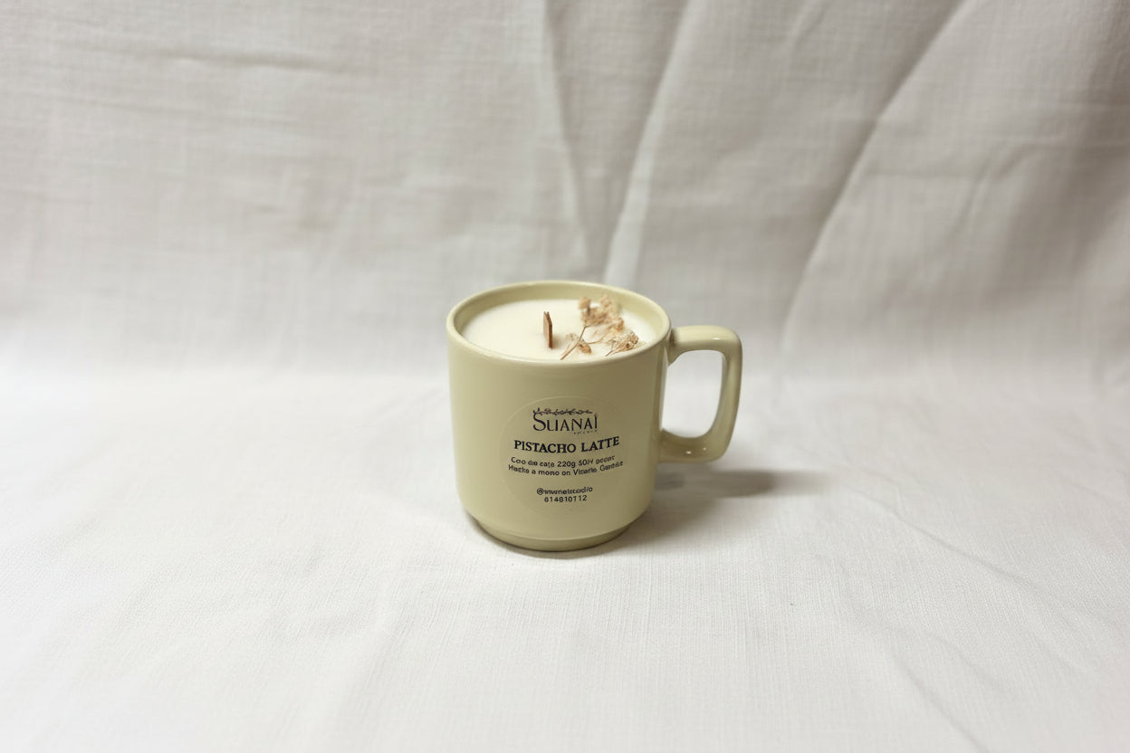 Vela Taza Pistacho Latte – Cera de Soja y Mecha de Madera