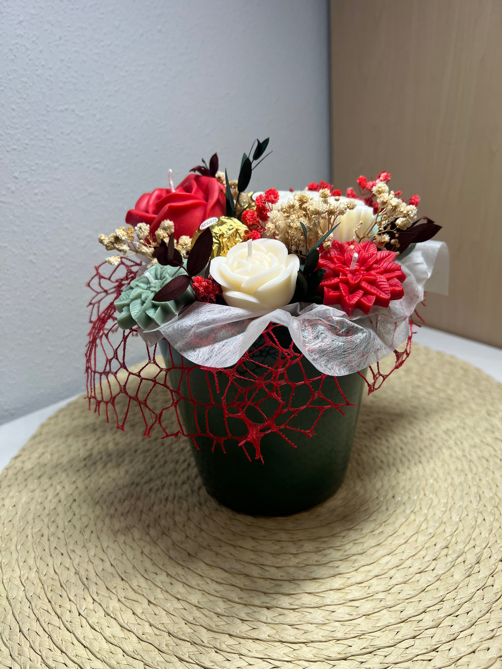 Ramo de Flor Eterna de Cera de Soja – Navideño Grande Verde