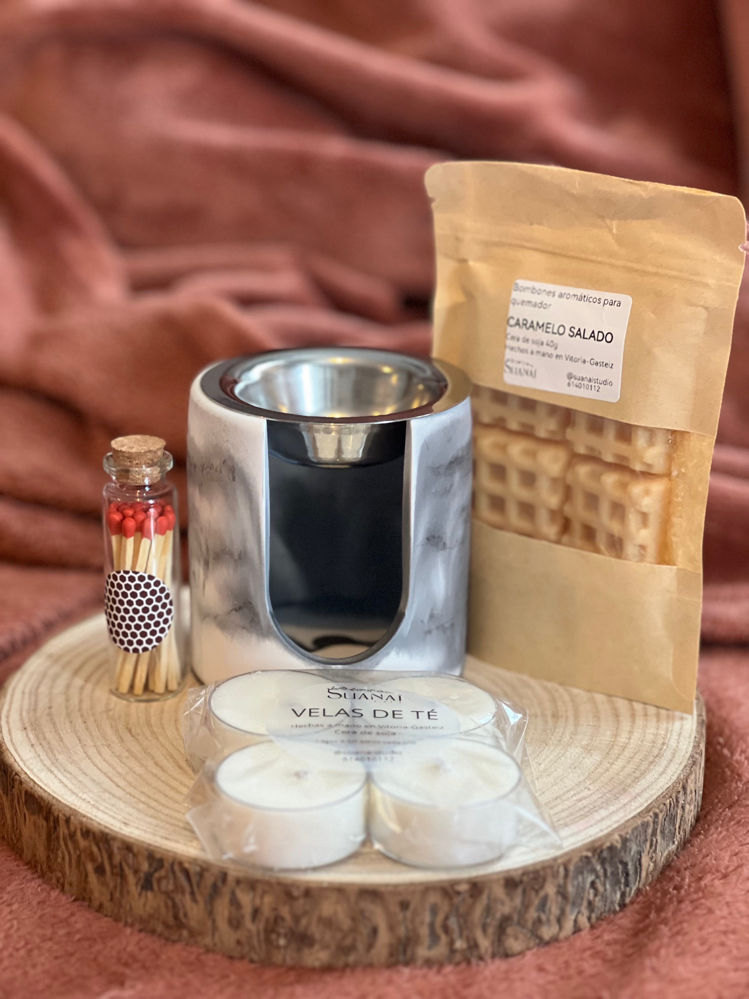 Pack Quemador – Alabastro Circular Gris + Cerillas en Frasco + Velas de Té + Wax Melts a Elegir