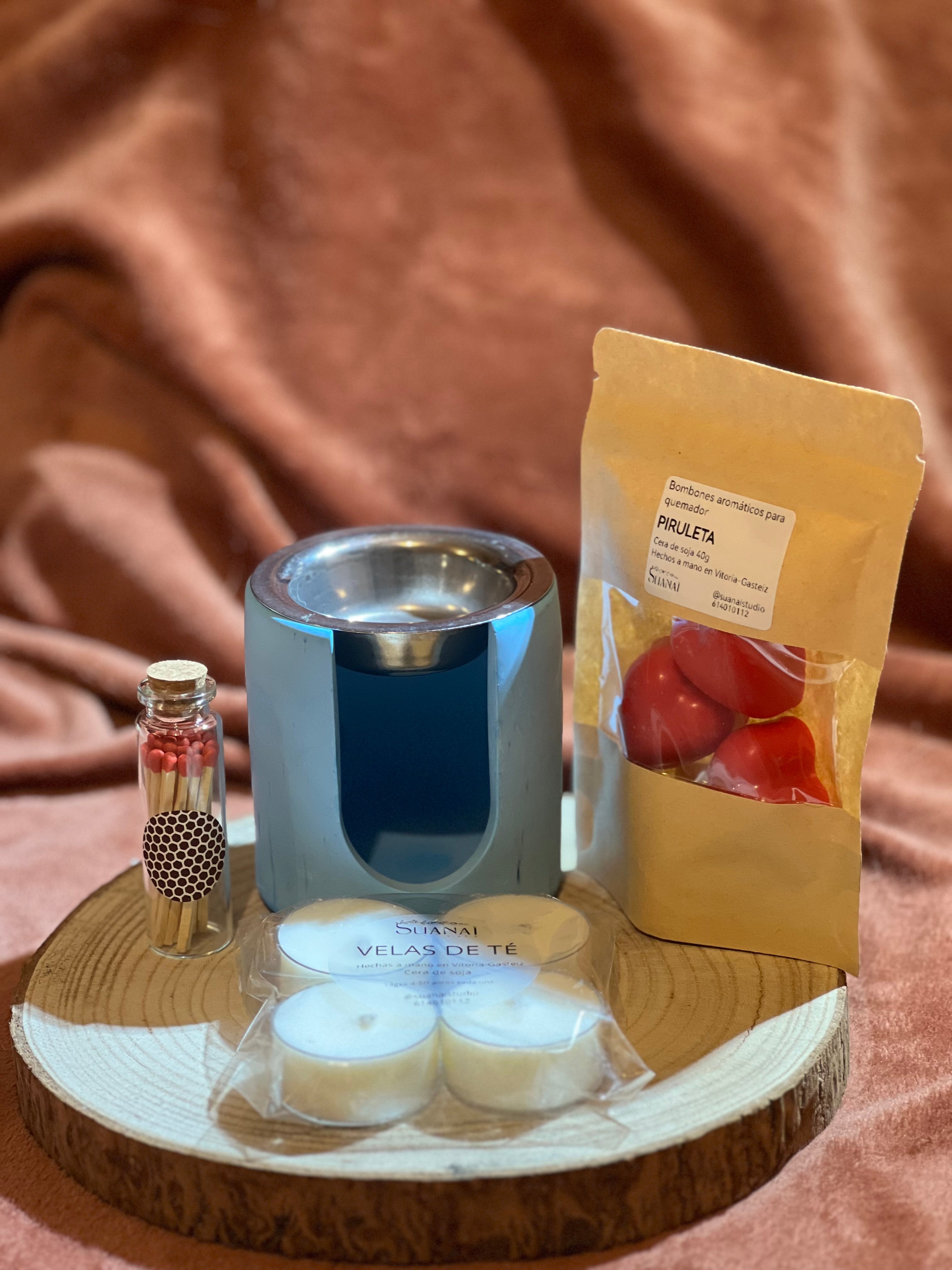 Pack Quemador – Alabastro Circular Azul + Cerillas en Frasco + Velas de Té + Wax Melts a Elegir