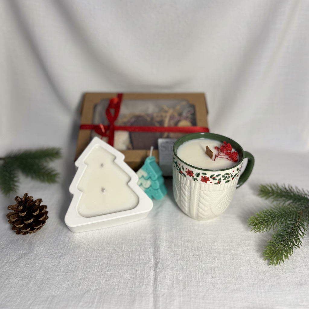 Producto con caja y fondo blanco navideño