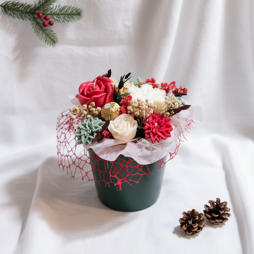 Producto con fondo blanco y detalles navideños