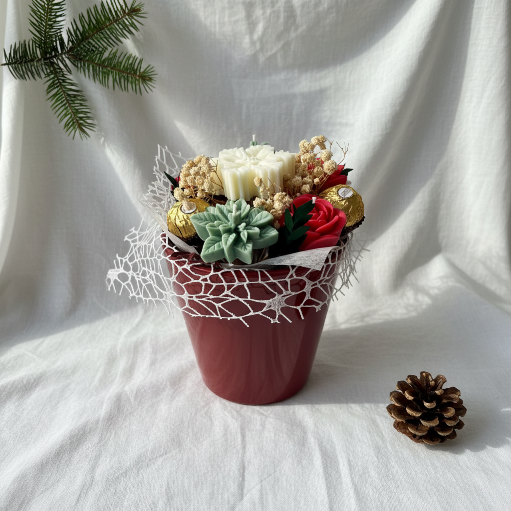 Producto con fondo blanco y detalles navideños