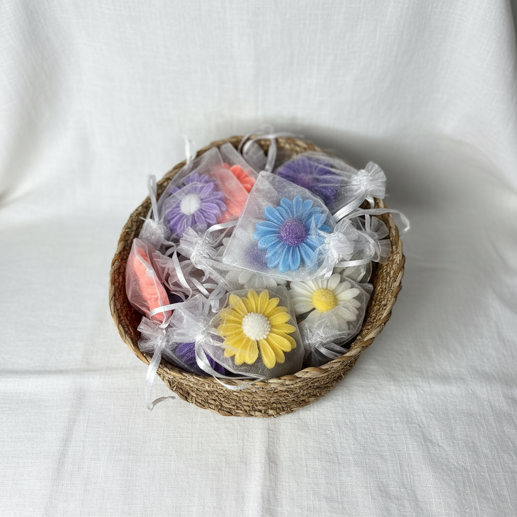 Producto con forma original de flores sobre fondo de lino