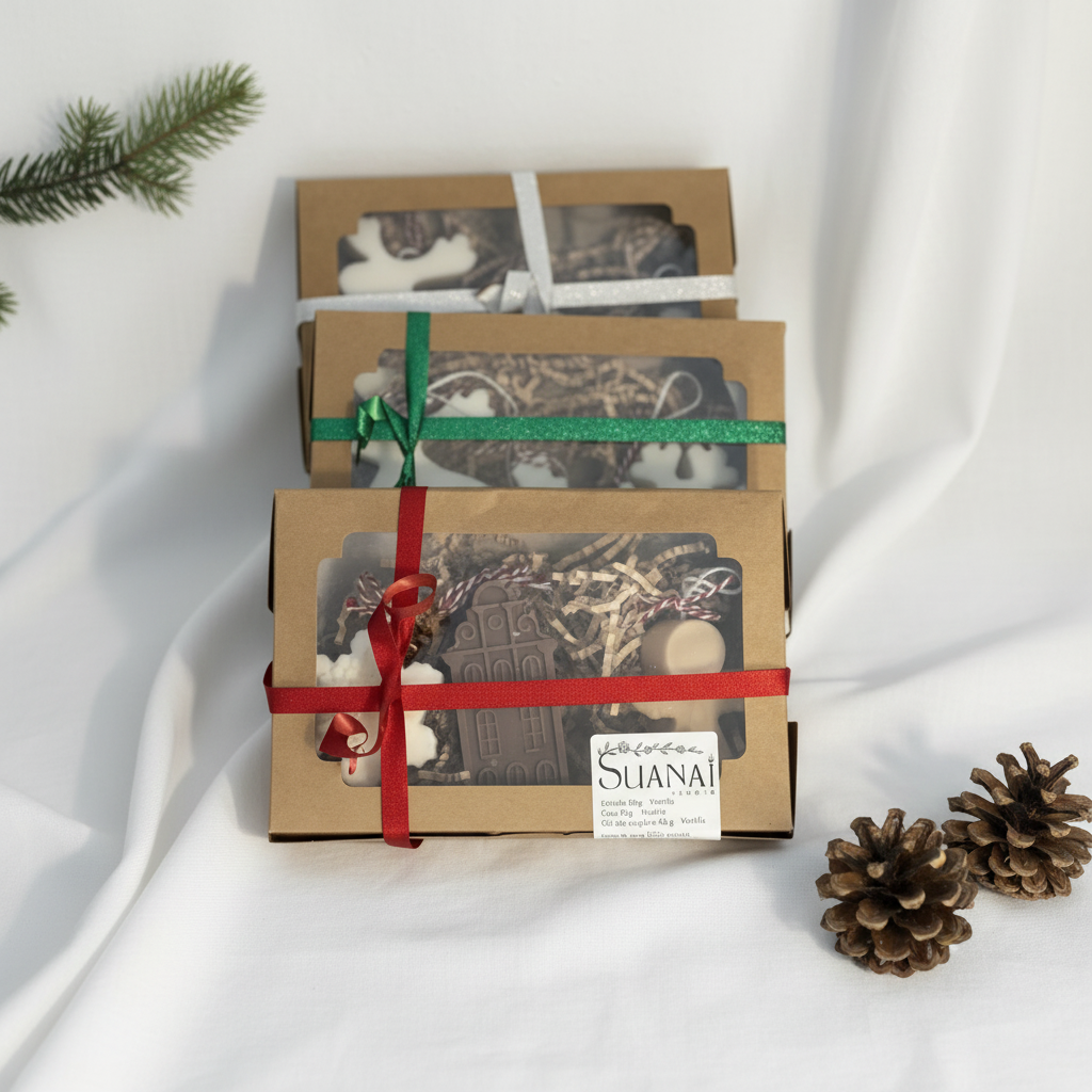Tres cajas de regalo con fondo blanco y detalles navideños