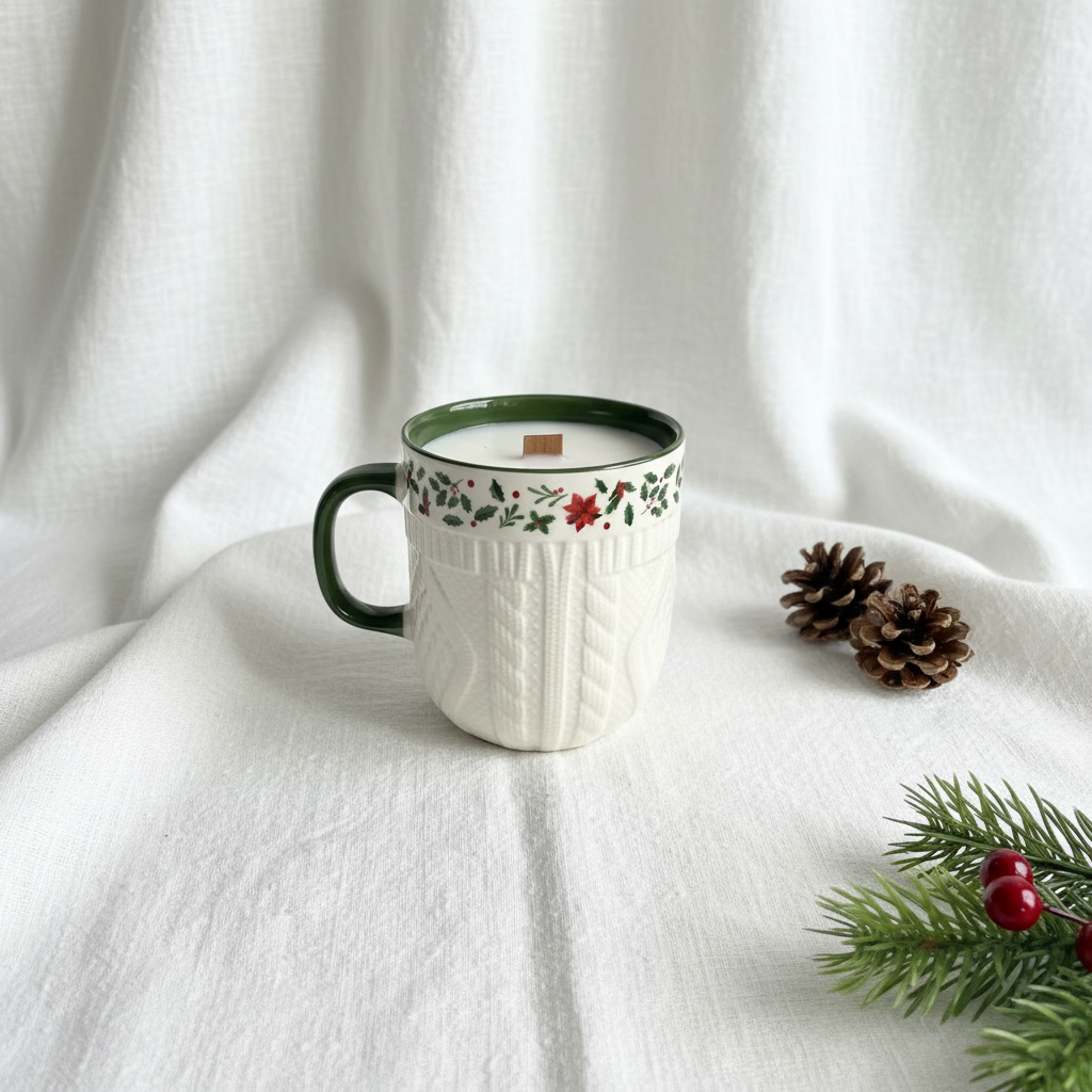 Vela navideña sin bandeja, vista cercana con lino marcado y detalles navideños